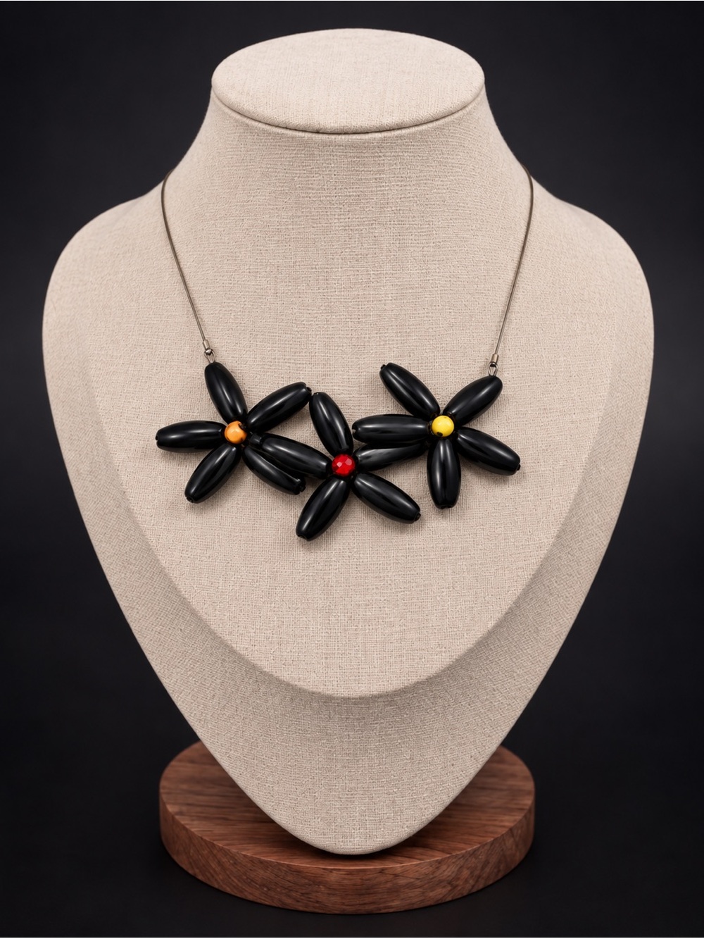 Whimsical Black Flower Beaded Statement Choker Necklace